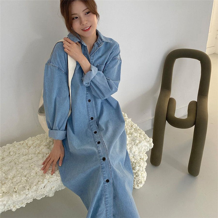 Damen Oversize-Denim-Maxikleid im Hemdstil mit Brusttasche und durchgehender Knopfleiste – Valéora