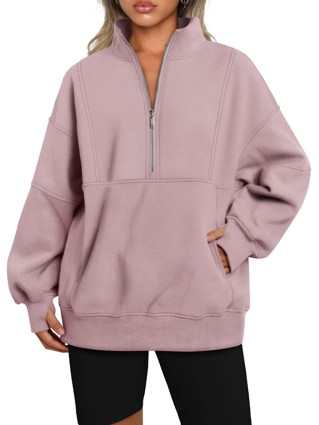 Damen Oversize-Sweatshirt mit halbem Reißverschluss, Stehkragen und Kängurutasche Echo Archiv
