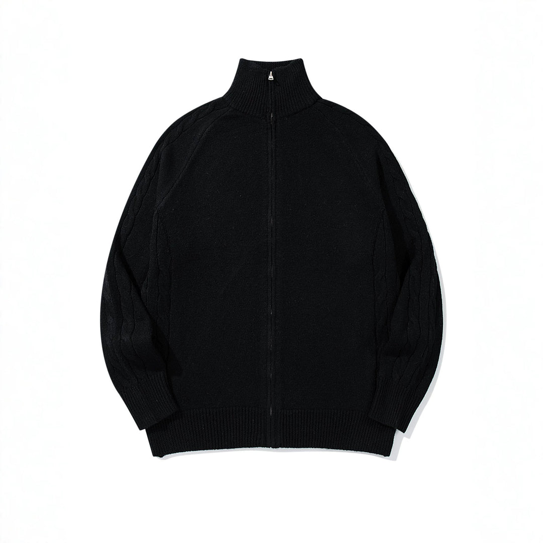 Herren Grobstrick‑Zipjacke mit Funnelkragen, Raglanärmeln und Zopfmuster Echoarchiv
