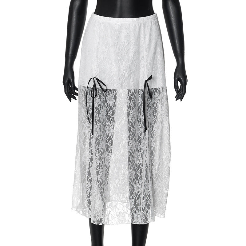 Damen eleganter Spitzenrock mit transparenten Einsätzen und raffinierten Bindebändern Echo Archiv