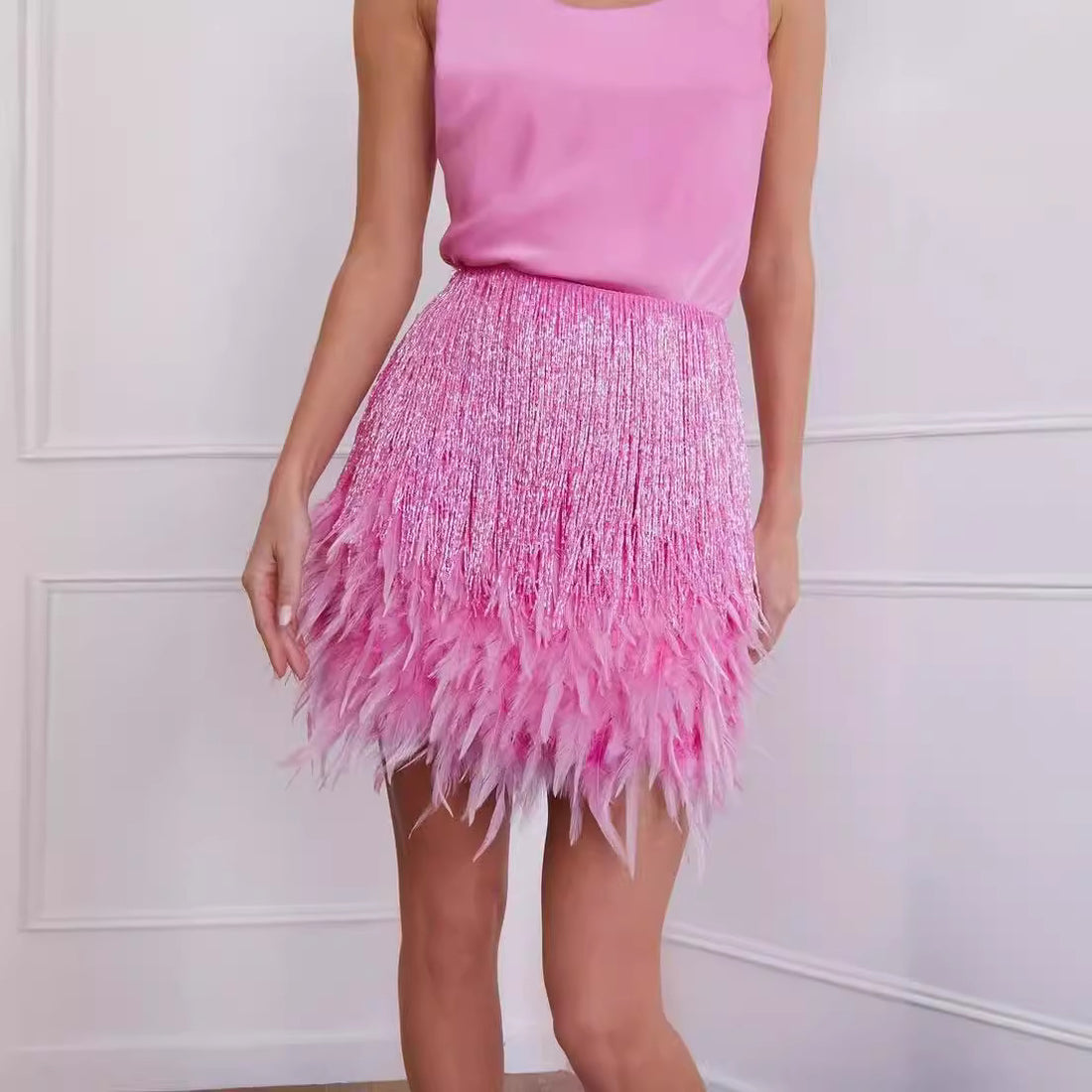 Damen Glitzernder Federnrock – Rosévia