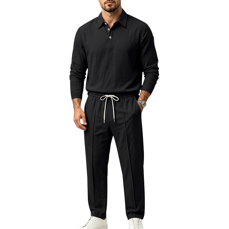 Herren Langarm-Henley-Lounge-Set aus leichter Baumwollmischung mit Kordelzug Echoarchiv