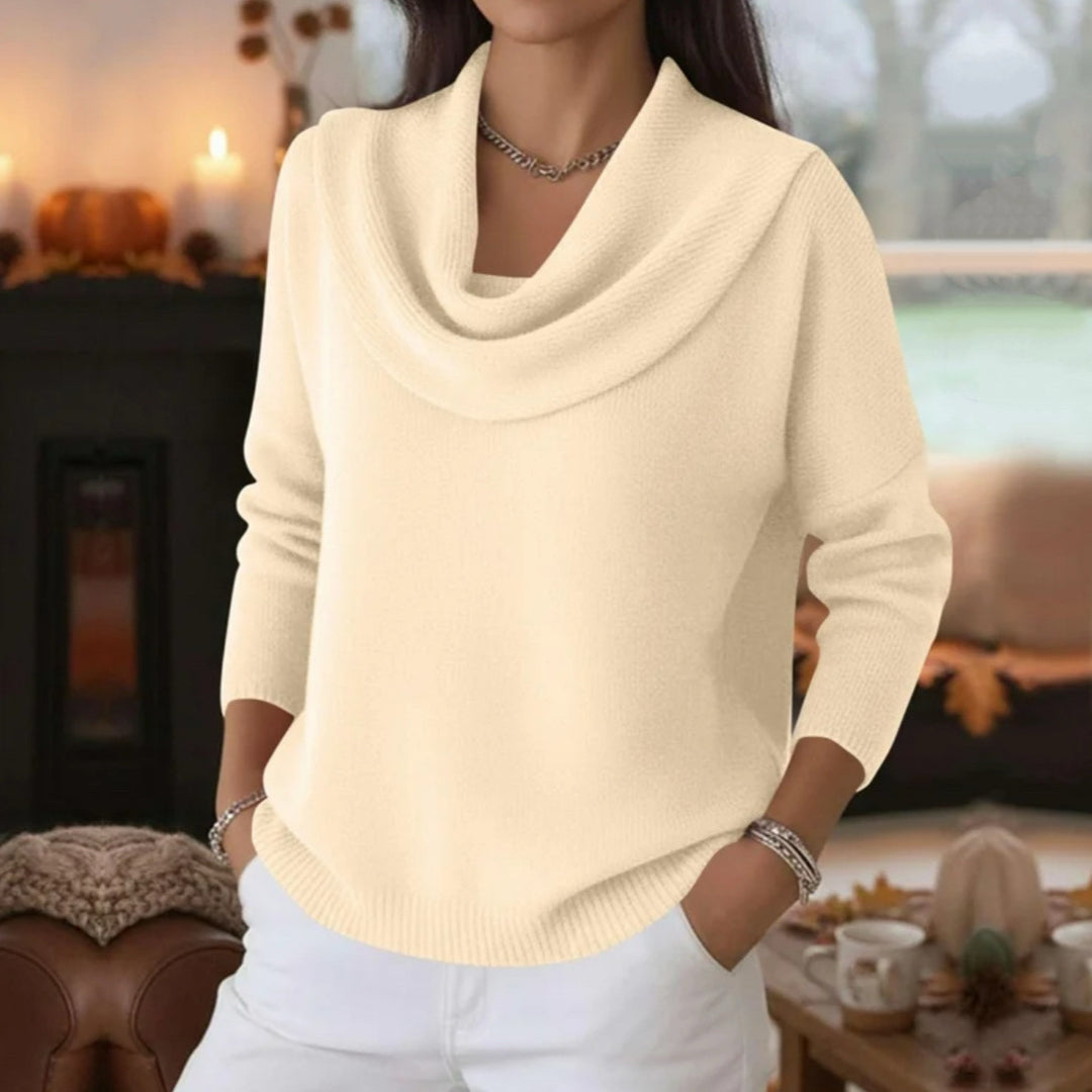Damen Lässiger Schalkragen-Feinstrickpullover mit überschnittener Schulter und geripptem Saum – Mavelle
