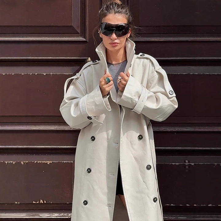 Damen tailloser Long-Trenchcoat im Oversize-Schnitt mit doppelter Knopfleiste und Schulterklappen Echoarchiv