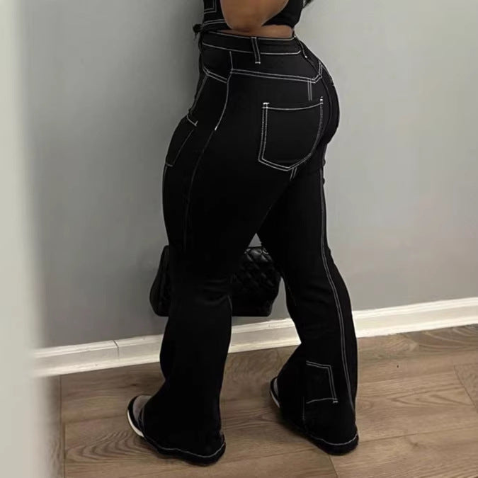 Damen High-Waist Flared-Jeans mit Kontrastnähten und Cargo‑Einsätzen Echo Archiv