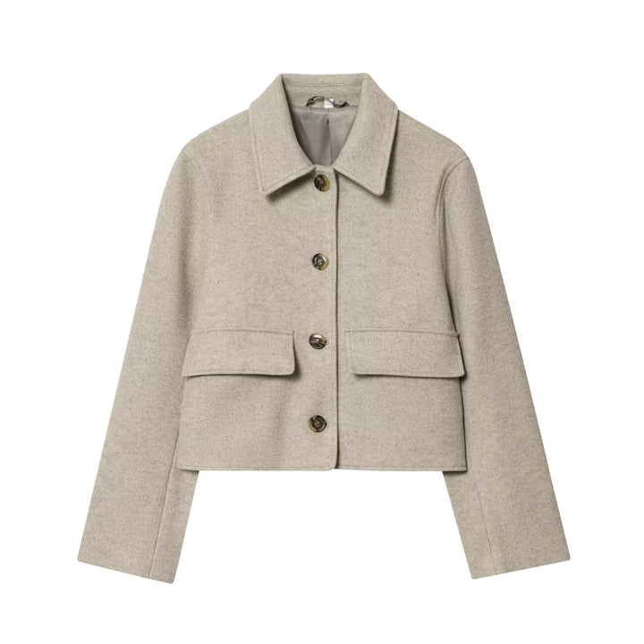 Damen Kurzer boxy Wollblouson mit Hemdkragen und Pattentaschen Echo Archiv