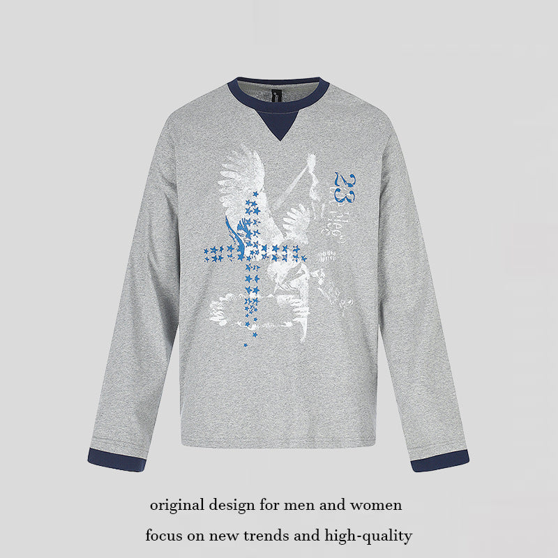 Herren Baumwoll-Langarmshirt Sweatshirt mit Adler-Print und Kontrastbündchen Echoarchiv