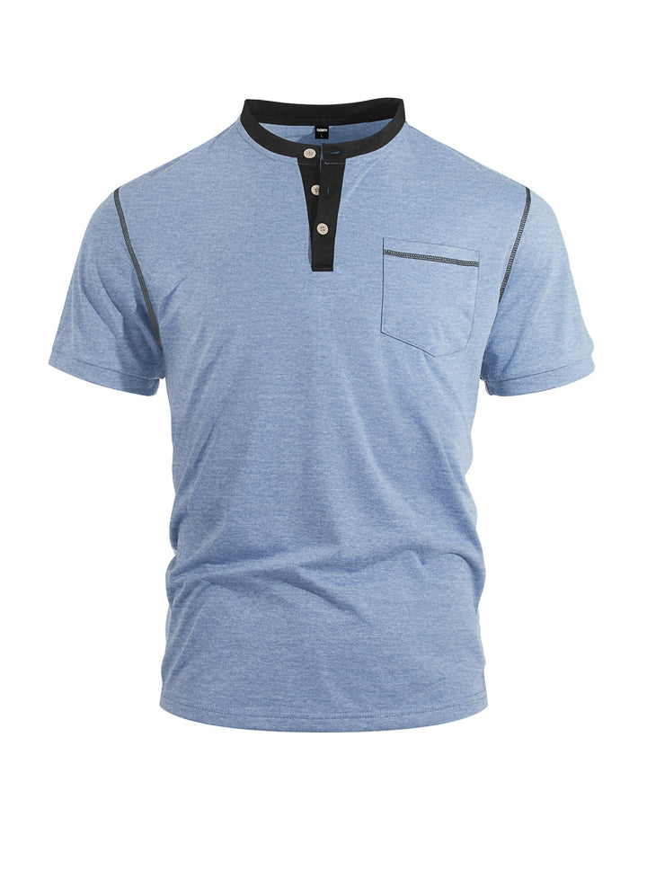 Herren nan legeres Kurzarm-Bandkragenshirt mit Knopfleiste Brusttasche und Flatlocknähten Echo Archiv