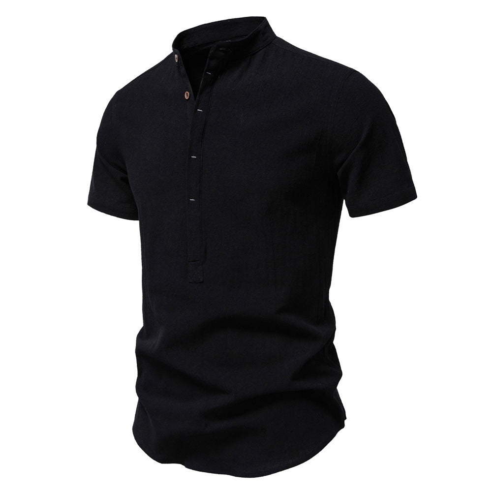 Herren nan lässiges Kurzarmshirt mit Stehkragen, halber Knopfleiste und leicht strukturierter Baumwoll-Leinen-Qualität Echo Archiv