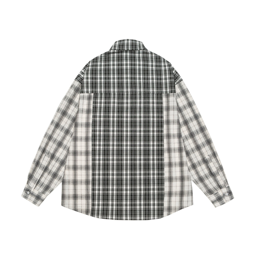 Unisex Oversized Hemdjacke mit Patchwork-Karomuster und abgerundetem Saum Echoarchiv