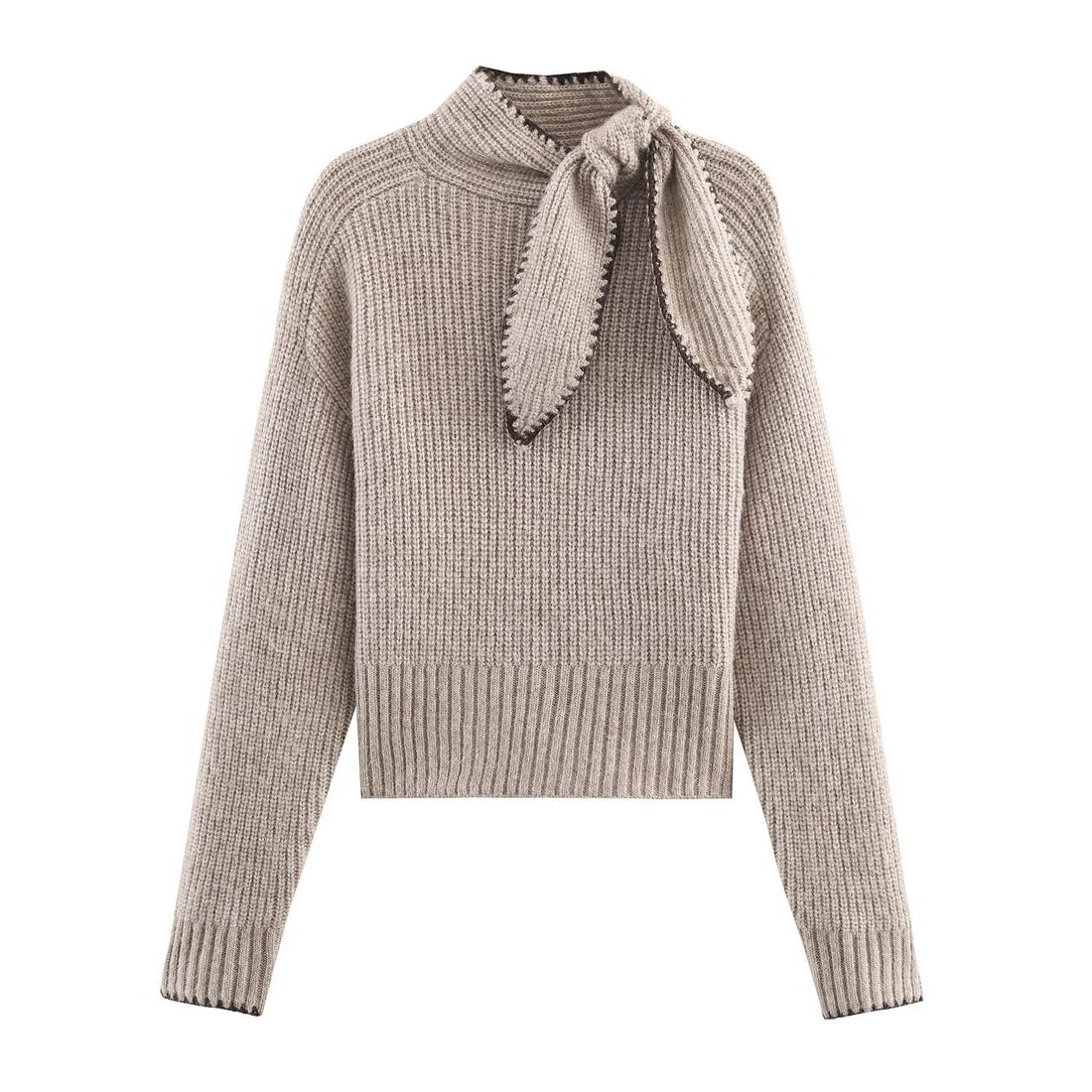 Damen Kurzgeschnittener Rippstrick-Pullover mit Hochkragen und integrierter Knoten-Schal Echoarchiv