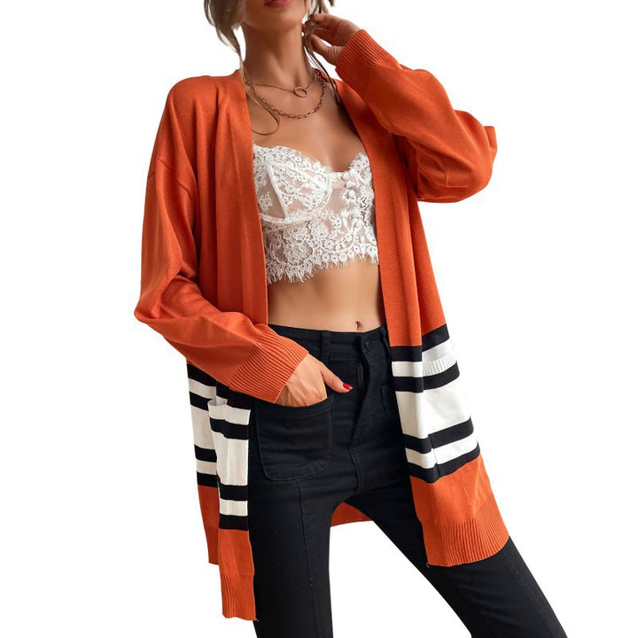 Damen Longline-Cardigan mit Kontraststreifen, aufgesetzten Taschen & Rippbündchen Echoarchiv