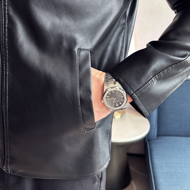 Herren modische Kunstlederjacke mit minimalistischem Schnitt und funktionalen Taschen Echoarchiv