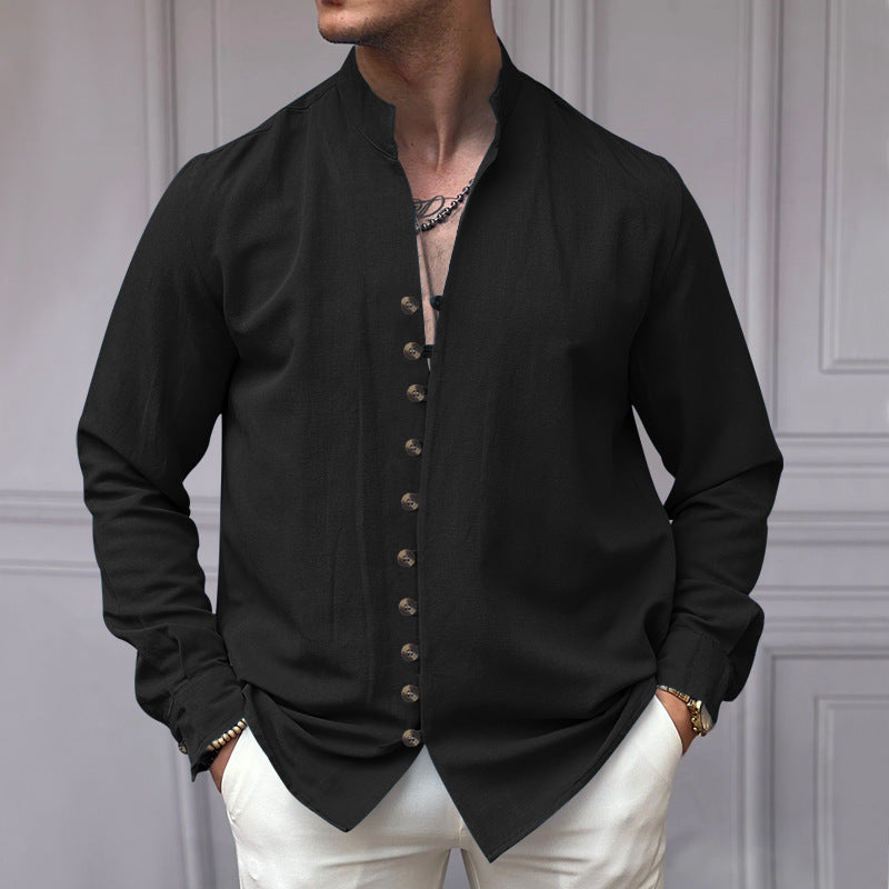 Herren elegantes Langarm-Hemd mit modischem Stehkragen und Knopfleiste Echoarchiv