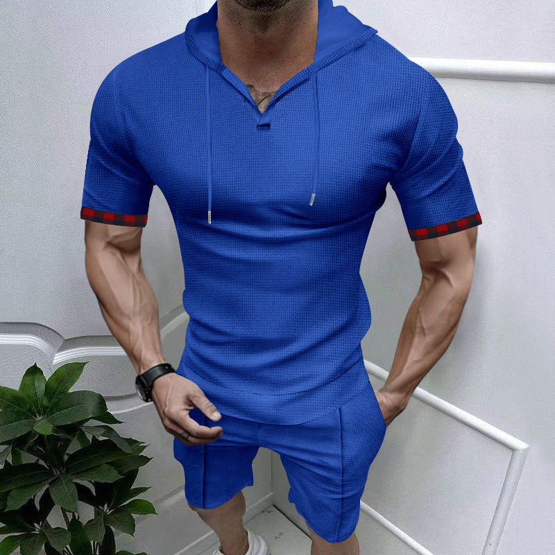 Herren sportliches Kurzarm-Hemden- und Shorts-Set mit Kapuze und kontrastierenden Ärmelabschlüssen Echoarchiv