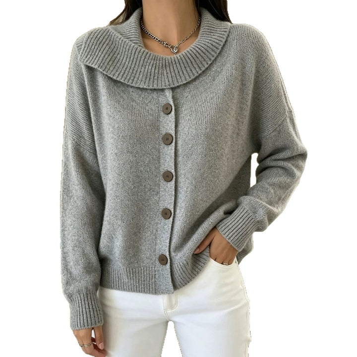 Damen Kuscheliger Knopf-Cardigan mit breitem Rollkragen und gerippten Bündchen – Veloura