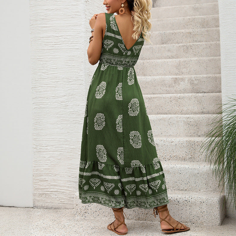Damen Maxikleid mit V-Ausschnitt, tailliertem Bindegürtel und gestuftem Volant Saum Echoarchiv
