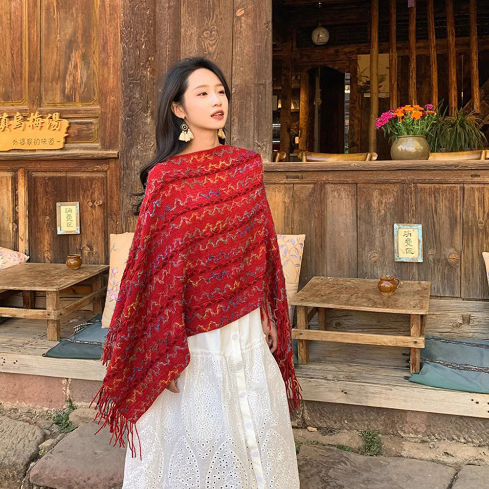 Damen Gestrickter V-Ausschnitt-Poncho mit Fransen und Strukturjacquard Echo Archiv