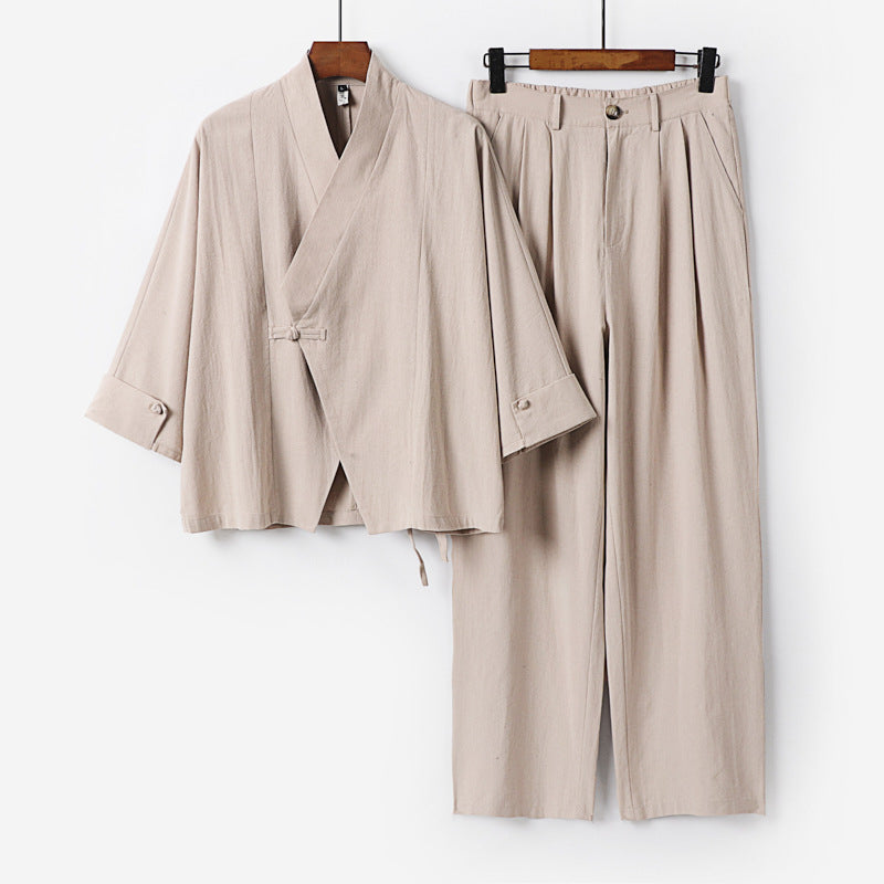 Herren Modernes Zen-Loungewear-Set aus Leichtem Material mit Kurz-Kimono und tailliert-zulaufender Bundhose Echoarchiv