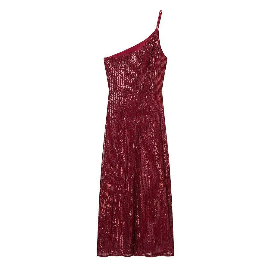 Damen glamouröses Abendkleid mit asymmetrischem Schnitt und schimmernden Pailletten Echo Archiv