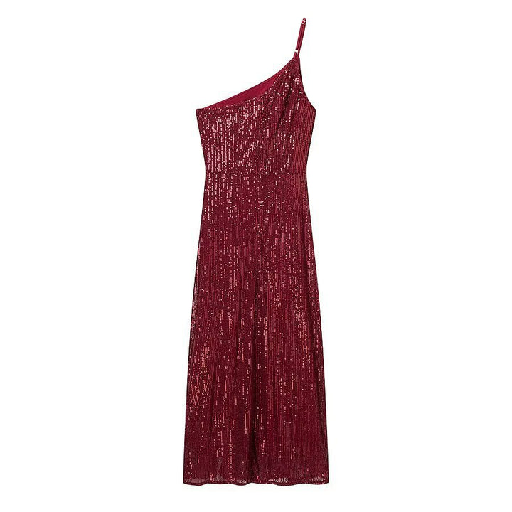 Damen glamouröses Abendkleid mit asymmetrischem Schnitt und schimmernden Pailletten Echo Archiv
