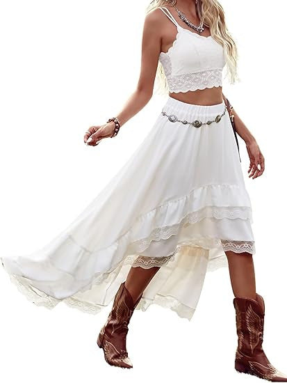 Damen Boho Maxi-Rock mit asymmetrischem Saum und Spitzenverzierungen Echo Archiv