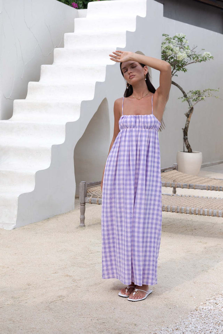 Damen Maxikleid mit Kariertem Muster und Elastischem Oberteil Echo Archiv