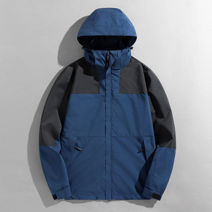 Herren zweilagige technische Kapuzen-Outdoorjacke mit hochschließendem Stehkragen und verstellbarer Kapuze – Taviero