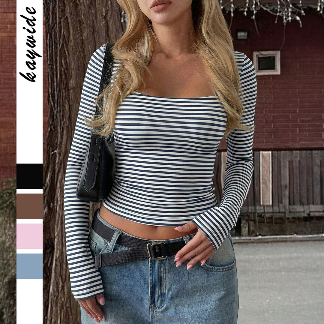 Damen gestreiftes tailliertes Langarm-Cropped-Shirt aus Baumwollstretch – Avérine