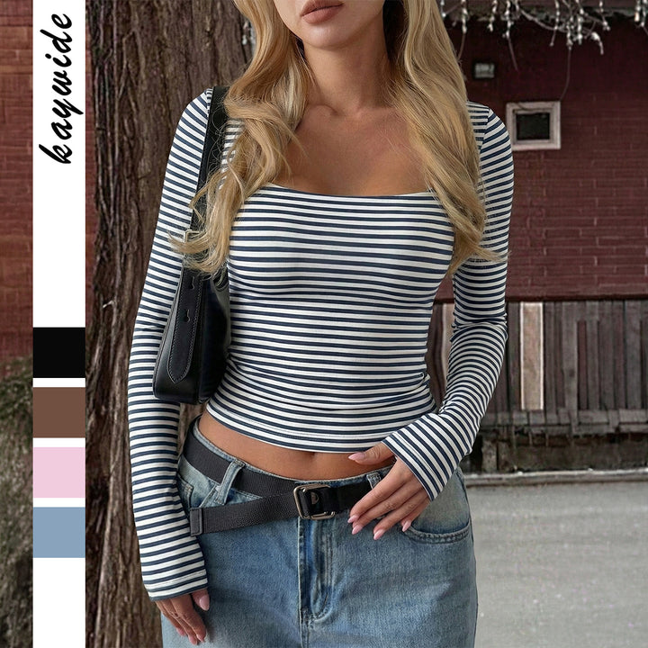 Damen gestreiftes tailliertes Langarm-Cropped-Shirt aus Baumwollstretch – Avérine