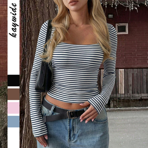 Damen gestreiftes tailliertes Langarm-Cropped-Shirt aus Baumwollstretch – Avérine