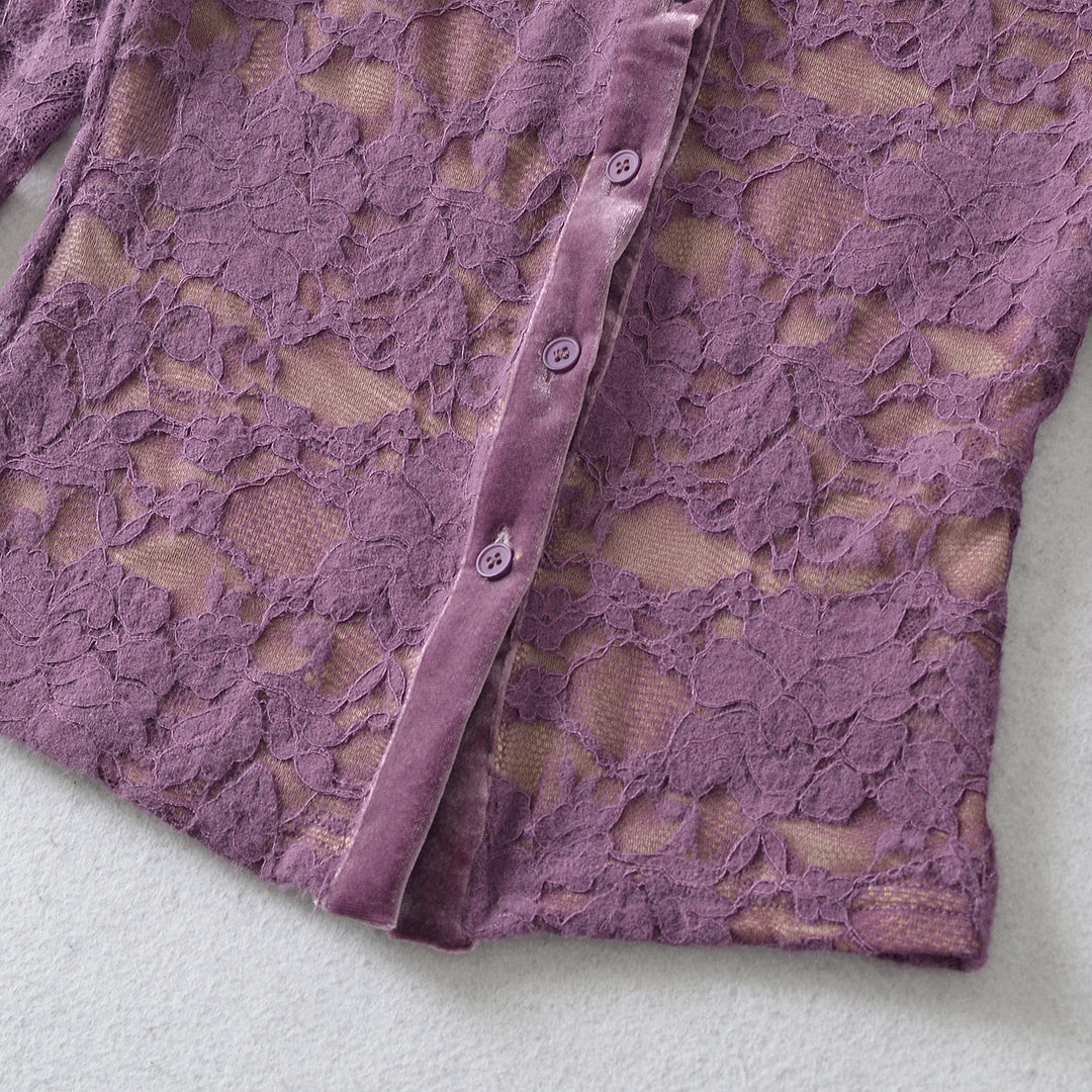 Damen Feiner Spitzen-Cardigan mit passendem Untertop und Samtbesatz Echoarchiv