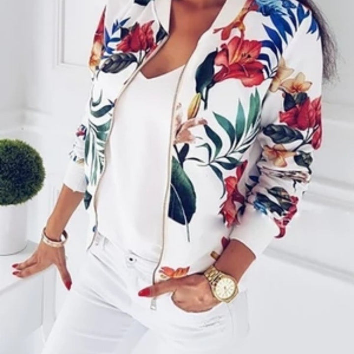 Damen Blousonjacke mit floralem Allover-Print, Reißverschluss und Rippbündchen – Célinea