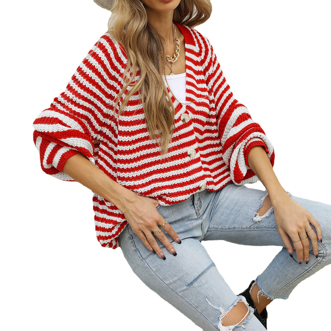 Damen gestreifte oversized Strickjacke mit V-Ausschnitt und Knopfleiste Echo Archiv