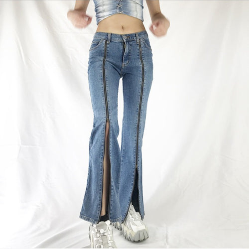 Damen nan Jeanshose mit durchgehenden Front-Reißverschlüssen, hoher vorderer Beinöffnung und ausgestelltem Schlag Echo Archiv