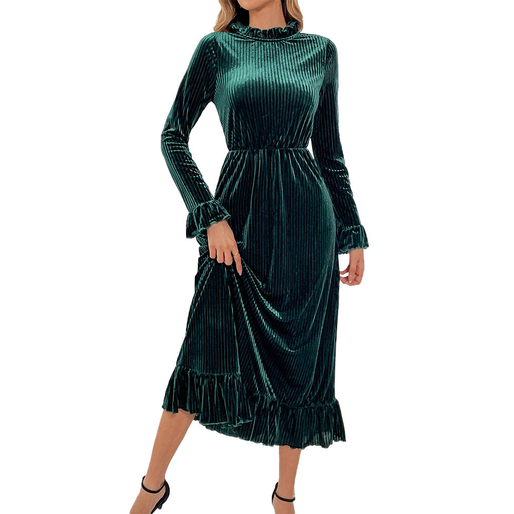 Damen Midikleid aus plissiertem Samt mit Stehkragen geraffter Taille und Volant-Saum – Élara