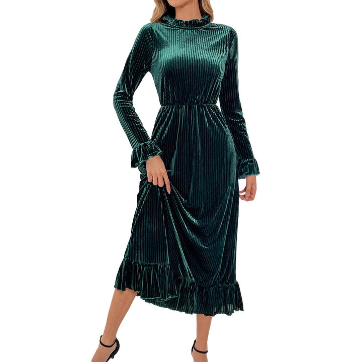Damen Midikleid aus plissiertem Samt mit Stehkragen geraffter Taille und Volant-Saum – Élara