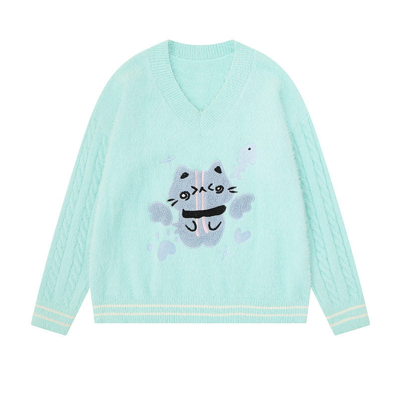 Damen V-Ausschnitt Strickpullover mit Zopfärmeln und Chenille-Katzenmotiv Echoarchiv