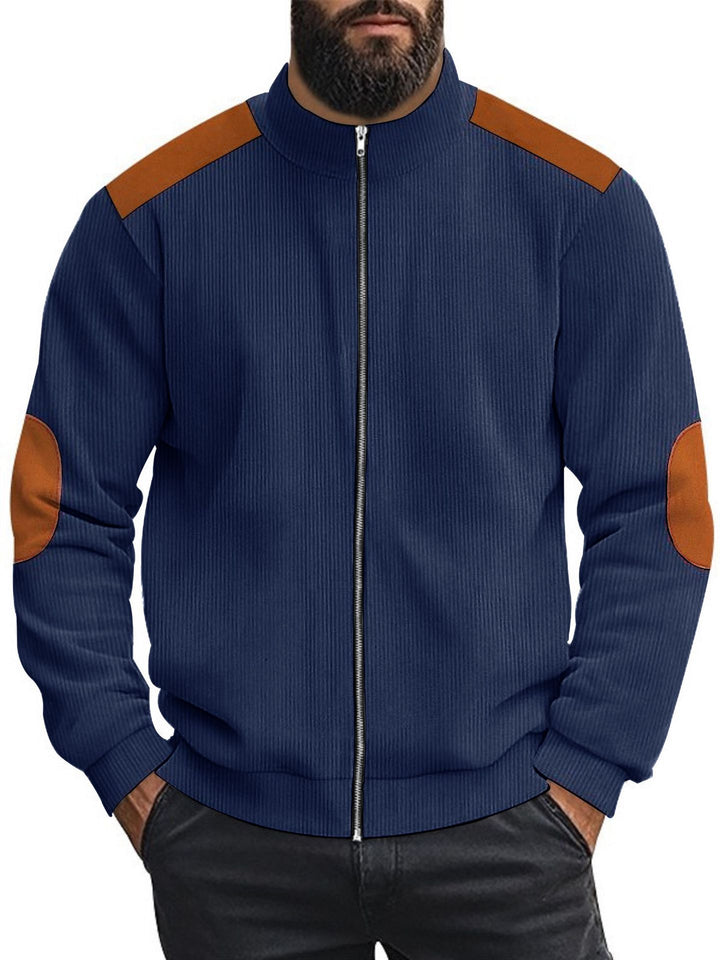 Herren Strickjacke mit modernen Lederakzenten und hoch geschlossenem Kragen Echoarchiv