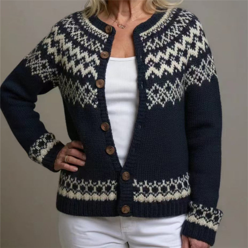 Damen nan gemusterte Strickjacke mit Rundpasse, Holzknöpfen und Eingrifftaschen Echo Archiv