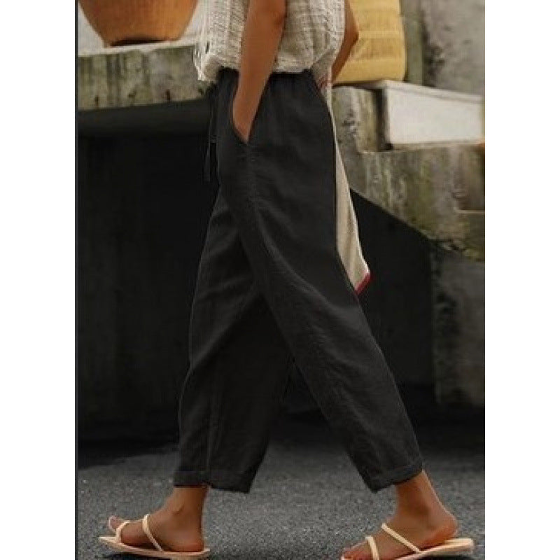 Damen lässige Leinenhose mit elastischem Bund und seitlichen Taschen – Avélisse