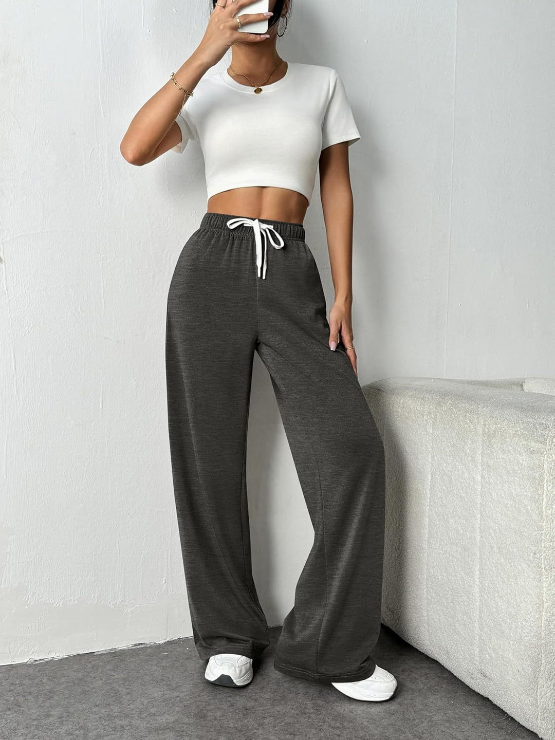 Damen Relaxed Weite Jersey Drawstring Lounge-Hosen Echoarchiv
