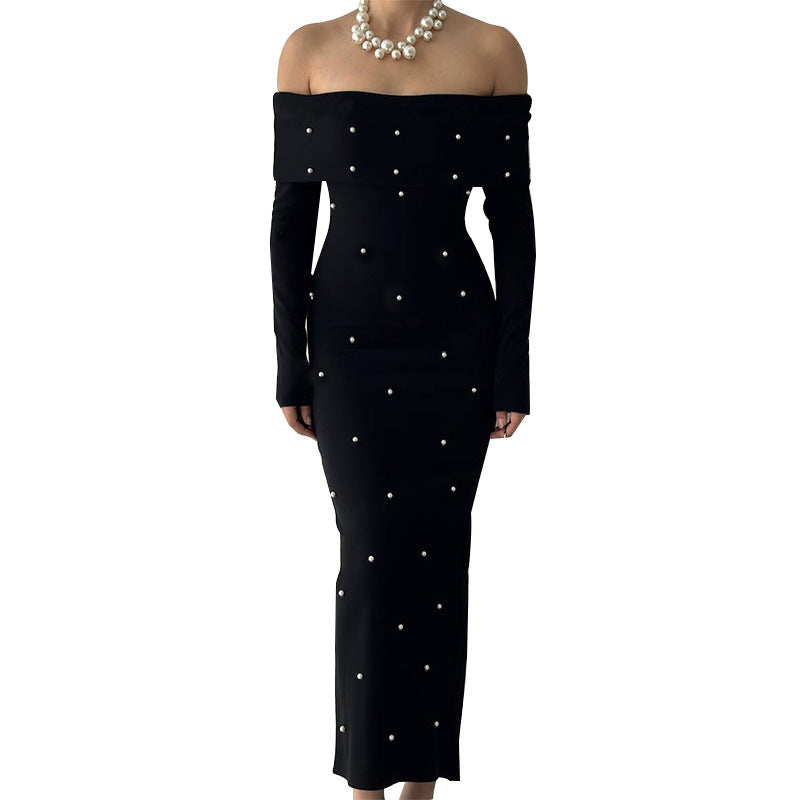 Damen schulterfreies Maxikleid mit eleganter Perlenverzierung und figurbetontem Schnitt Echo Archiv