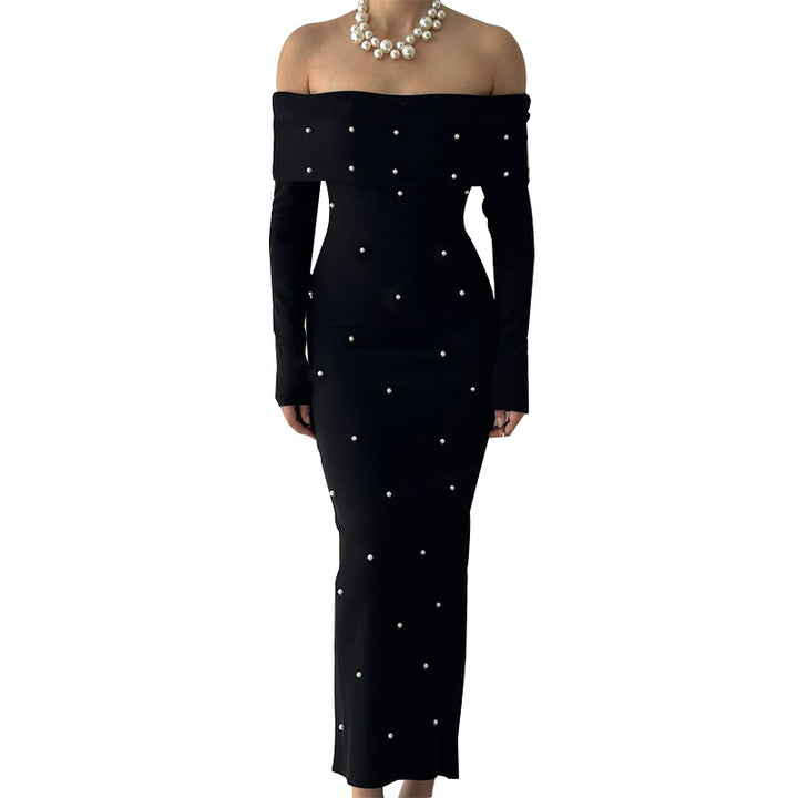 Damen schulterfreies Maxikleid mit eleganter Perlenverzierung und figurbetontem Schnitt Echo Archiv
