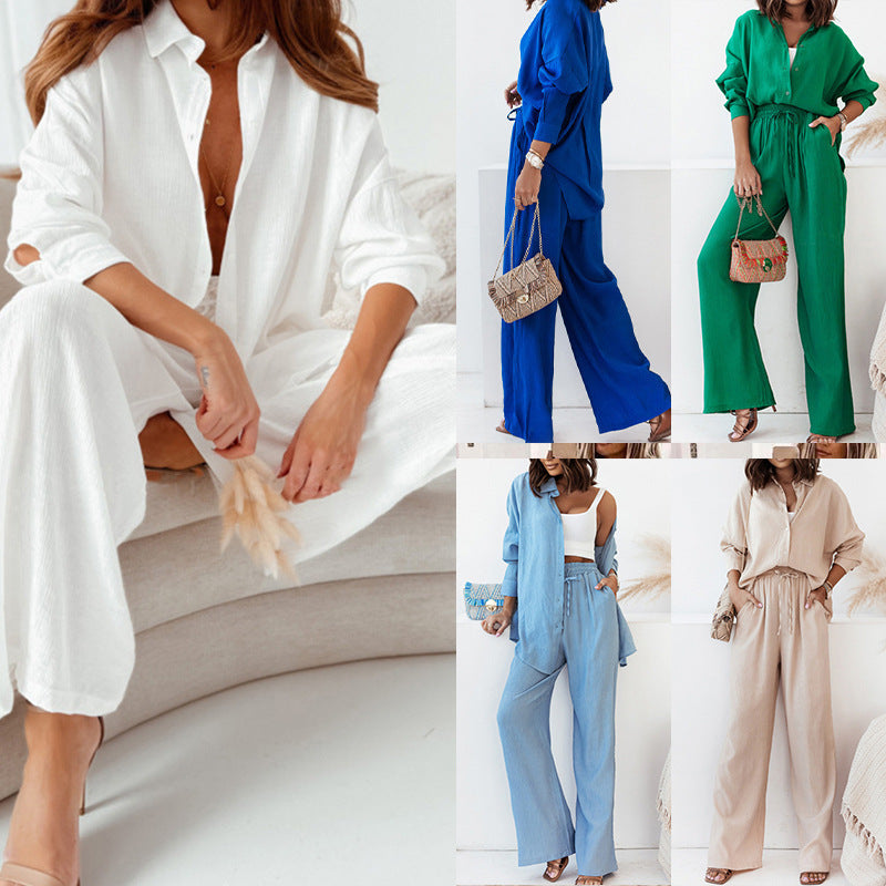 Damen lässiges Zweiteiliges Set mit lockerer Bluse und weiten Hosen aus Leinen Echoarchiv