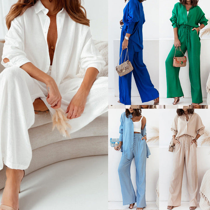 Damen lässiges Zweiteiliges Set mit lockerer Bluse und weiten Hosen aus Leinen Echoarchiv