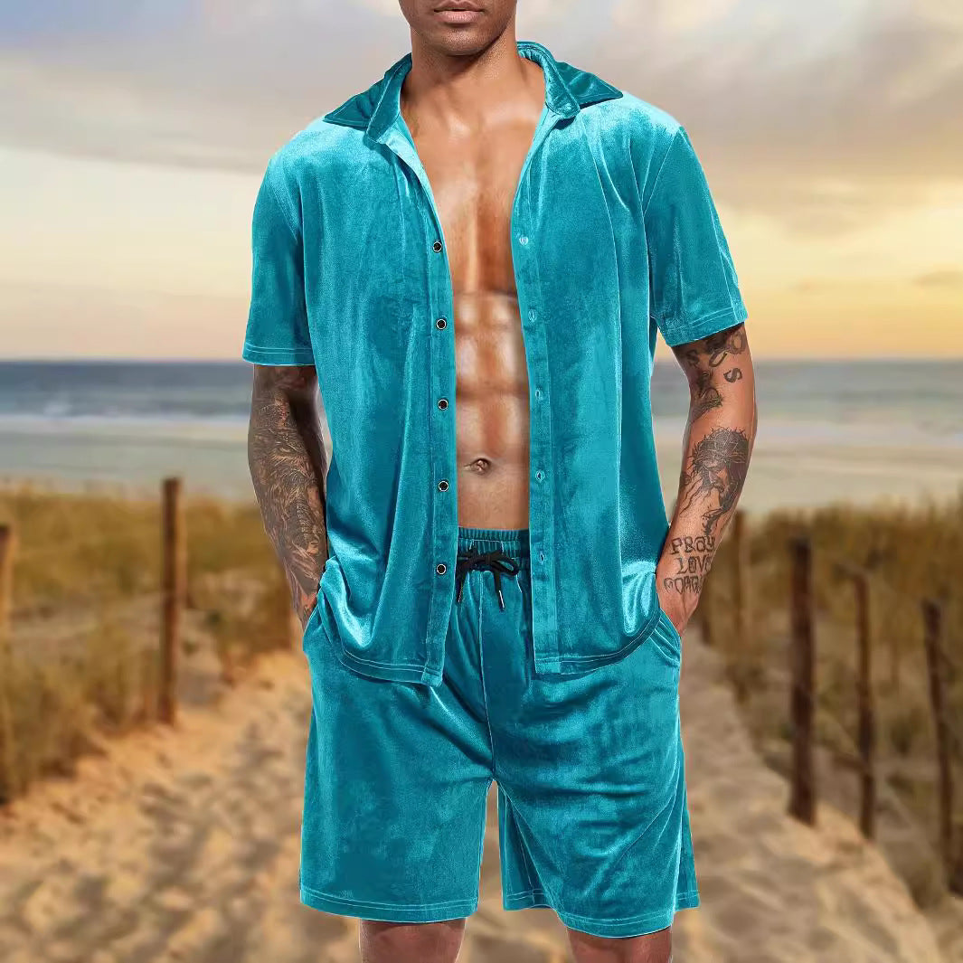 Herren Kurzarm-Hemd und Shorts-Set aus luxuriösem Samt Echoarchiv