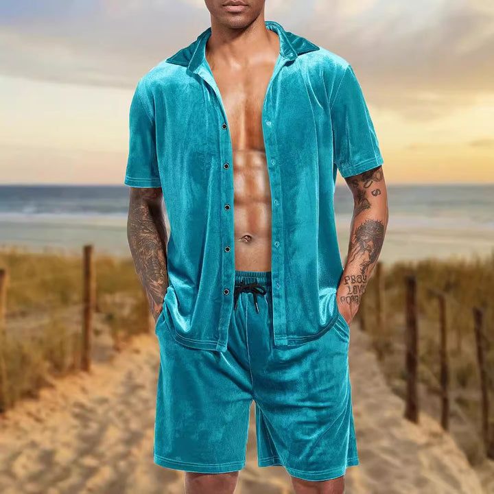 Herren Kurzarm-Hemd und Shorts-Set aus luxuriösem Samt Echoarchiv