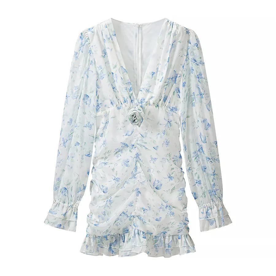 Damen nan gerafftes Chiffon Minikleid mit tiefem V-Ausschnitt Rüschen und Rosenapplikation Echo Archiv