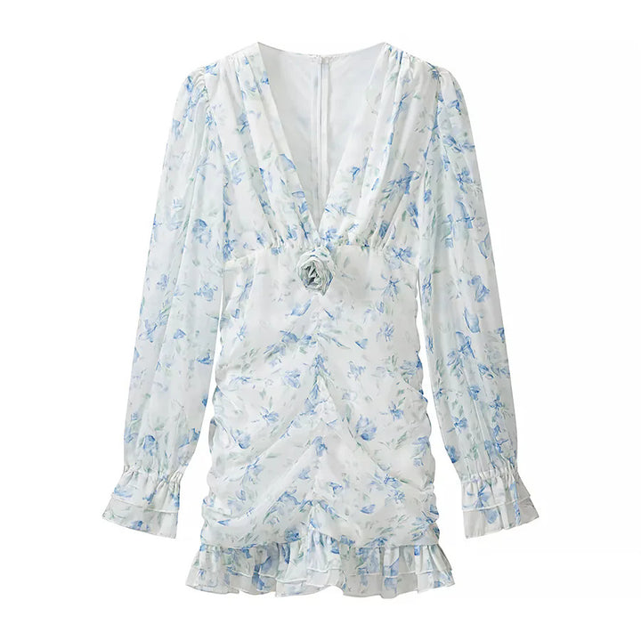 Damen nan gerafftes Chiffon Minikleid mit tiefem V-Ausschnitt Rüschen und Rosenapplikation Echo Archiv